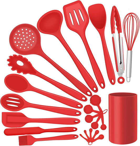 Silicone Kitchen Utensils Set, E-far 23 Pcs Red Cooking Utensils Tools with Holder for Nonstick Cookware, Include Spatula/Spoon/Ladle/Tongs/Turner, Heat Resistant & Nontoxic, Dishwasher Safe