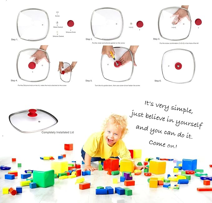 FOLI Square Glass Lid for Grill Pans with Steam Vent Hole - Fits Lodge Cast Iron Skillets 10.5inch/26.67cm Silicone Potholder- Square Tempered Glass Lid - Universal Replacement Cover Silicone Knob