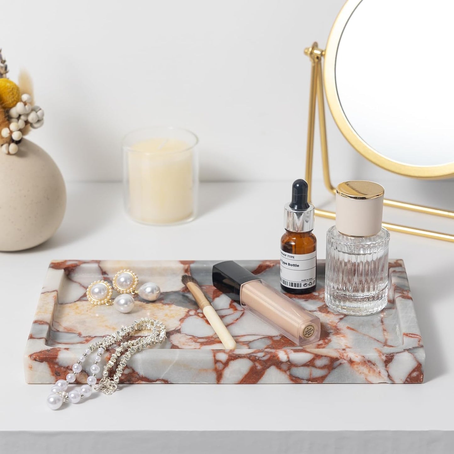 Deep Red Marble Rectangular Tray 10x6 Inch - Bathroom & Vanity Organizer, Jewelry Tray, Kitchen Counter Decor - Natural Stone Catchall