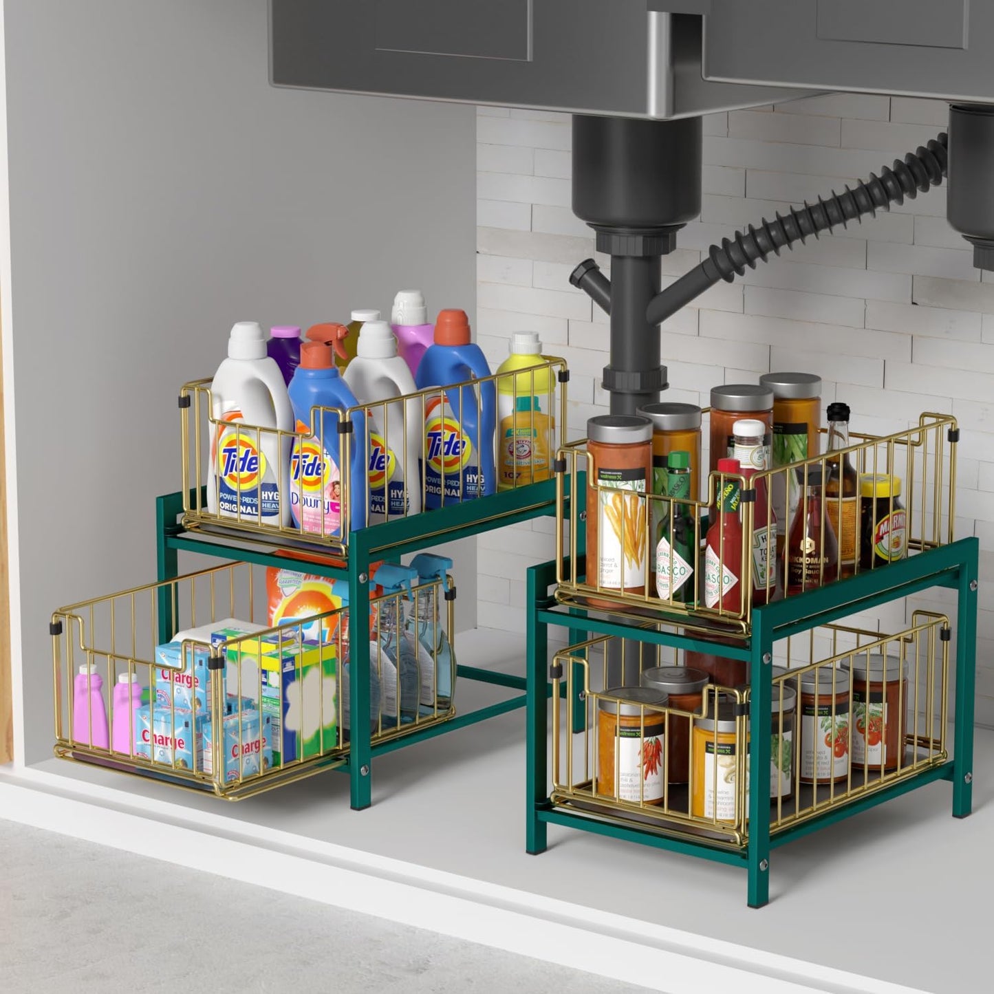 2 Tier Sliding Basket Drawer Organizer, Lxmons Pull Out Under Sink Cabinets Organizers, Metal Home Shelf for Bathroom or Kitchen, Sliding Countertop or Pantry Storage Shelf, Large Gold Green