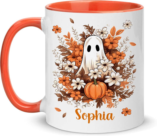 Hyturtle Personalized Fall Halloween Mug Gifts - Spooky Ghost - Custom Name Coffee Cup Ceramic Mug 11oz 15oz - Autumn Gifts For Her - Fall Thanksgiving Decor Gift