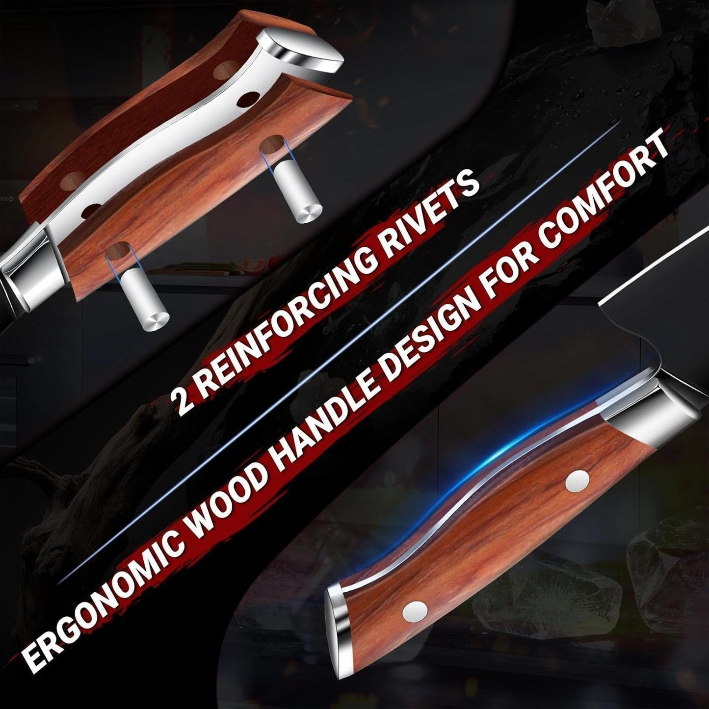 TIVOLI Chef Knife Set, Professional 3PC Santoku Knives Set, High Carbon Steel Ultra Sharp Deep Cooking Knife Set with Ergonomic Wood Handle for Meat Vegetable Fruit, Dad Mom Gift