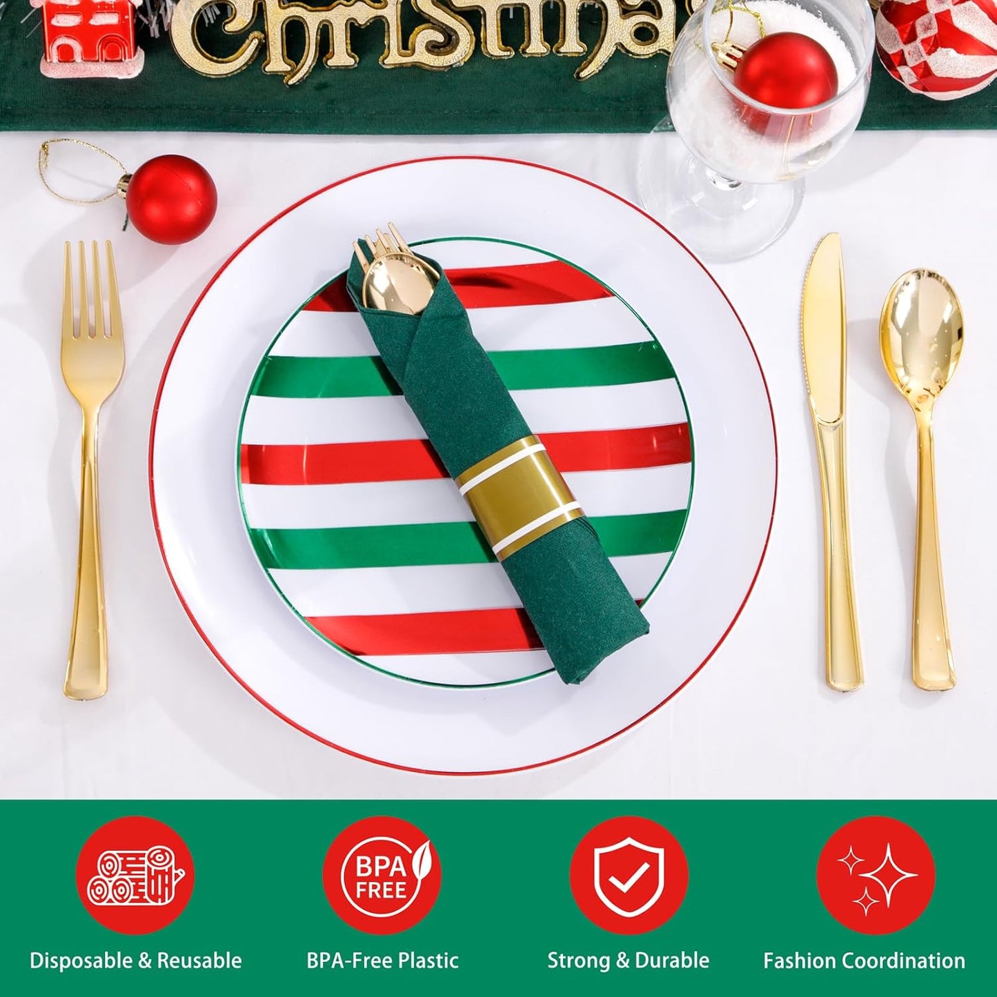 WONDERFUL 180 Pcs Plastic Christmas Plates Dinnerware Set Disposable Christmas Plates With Cutlery Include 30 Dinner Plate 30 Dessert Plate 30 Pre Rolled Napkins With Silverware For Xmas Day 30 Guests