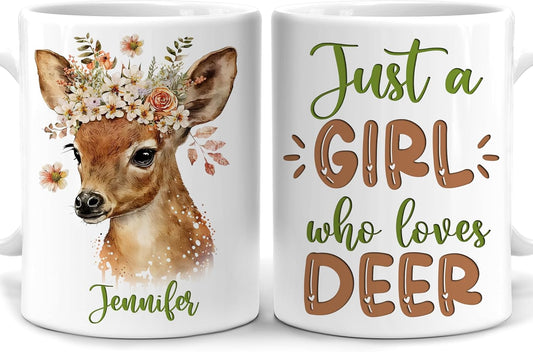 Hyturtle Personalized Gifts Deer Lover - Just A Girl Who Loves Deer Custom Name Ceramic Coffee Mug Cup 11oz - Idea Cute Animal Lover Gifts For Women, Girl Daughter On Birthday, Christmas