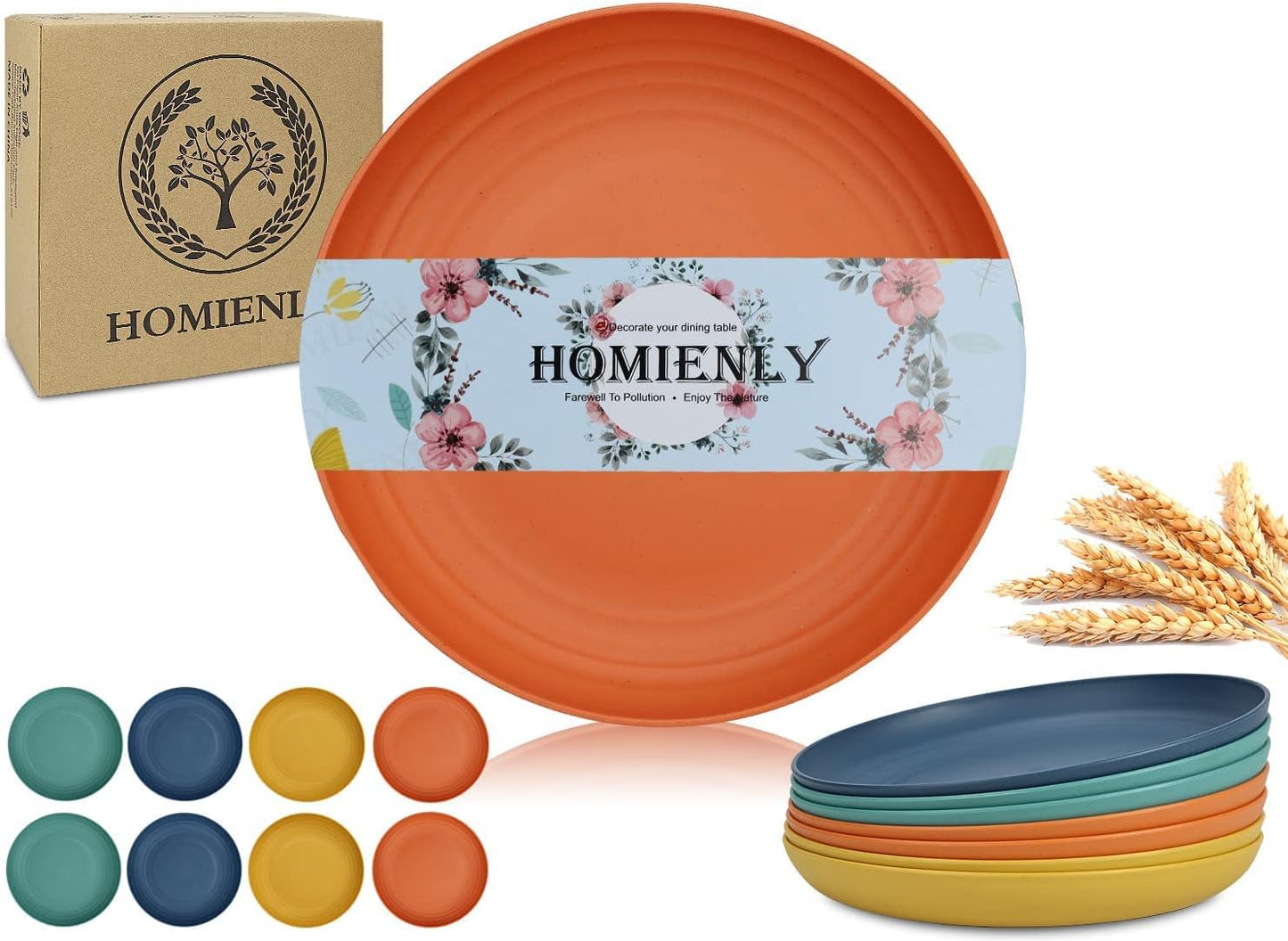 Homienly Wheat Straw Dinner Plates Set of 8 - Alternative to Plastic, Microwave & Dishwasher Safe, Unbreakable Kids Plates with 4 Colors (Colorful, 8 inch)