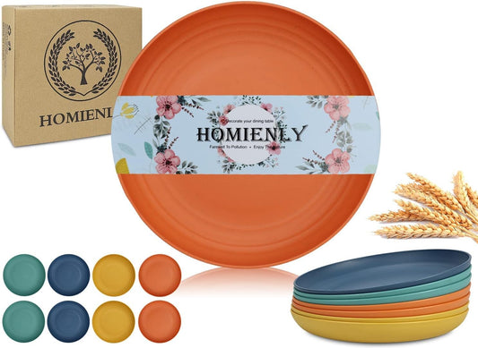 Homienly Wheat Straw Dinner Plates Set of 8 - Alternative to Plastic, Microwave & Dishwasher Safe, Unbreakable Kids Plates with 4 Colors (Colorful, 8 inch)