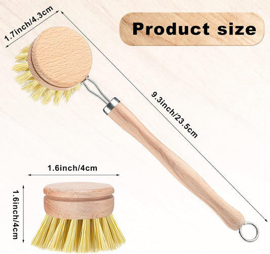 Boao Dish Brush with Beechwood Handle with 5 Replacement Heads Natural Wood Dish Scrub Brush for Washing and Cleaning Pots and Pans