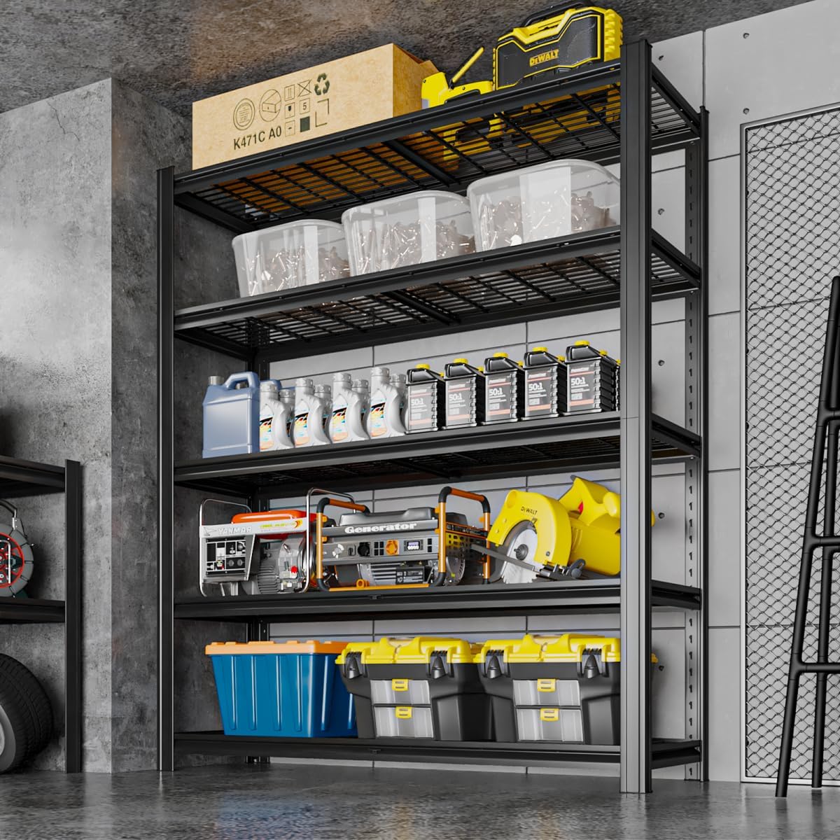 48" W Father&I Industrial Heavy-Dudy Garage Shelving Units/Systems: Metal 5-Tier Storage Shelves Adjustable for Basement/Closet/Tote/Kitchen/Pantry Organization, 84" H*48W *24" D, Black