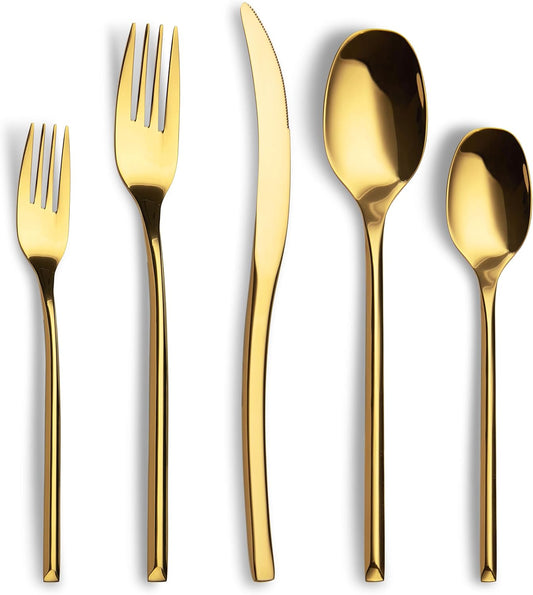 Lemeya 20-Piece Gold Silverware Set for 4,Modern 18/10 Stainless Steel Flatware Set,Luxury Cutlery Set,Unique Utensils Set for Restaurant,Spoons and Forks Set,Mirror Polished,Dishwasher Safe
