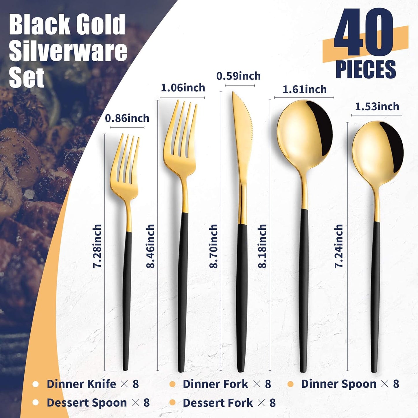 40 Piece Black Gold Silverware Set,Stainless Steel Flatware Cutlery Set Service for 8 Including Forks Spoons Knives,Kitchen Utensil Set,Tableware for Home and Restaurant, Dishwasher Safe