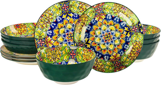 Mandala Dinnerware Sets, Plates and Bowls Set, Porcelain Dishes (12 Pieces) Service for 4, Zanzibar, Bohemian Style Dining Ware, for Kitchen and Dining Multicolor Dinnerware Set