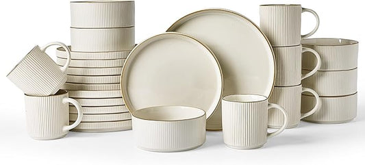 Famiware Star Dinnerware Set with Mugs, Service for 6 (24 Pieces), Ribbed Stoneware Plates and Bowls Dishes Sets with Trim - Chip & Scratch Resistant, Microwave & Dishwasher Safe, White