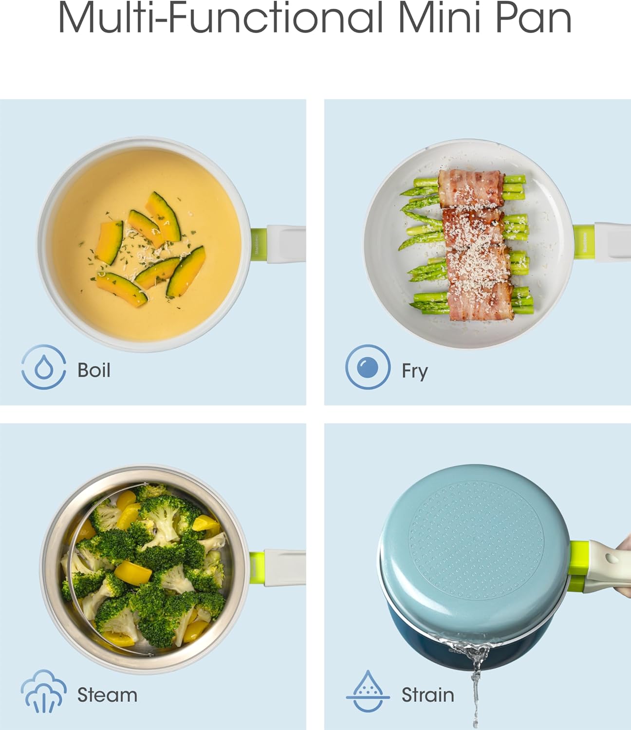 Ceramic Non Stick Cookware Set, 2.5QT Saucepan, 7" Egg Omelette Pan & 18/10 Stainless Steel Steamer, Induction Ready Frying & Sauce Pan Set, PTFE, PFOA & PFAS Free, Mix Blue