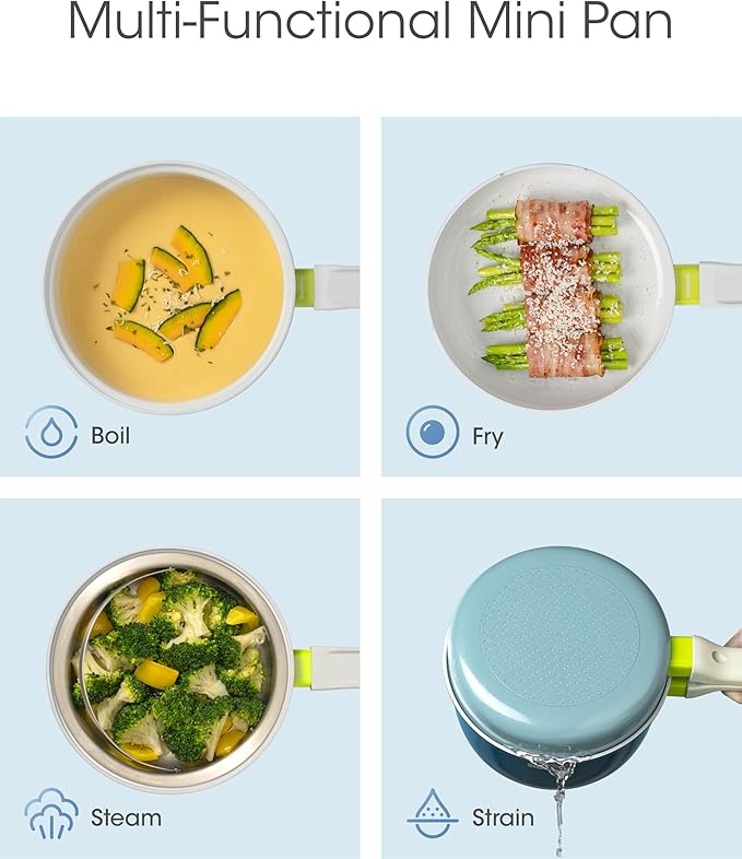 Ceramic Non Stick Sauce & Frying Pan Set, 2.5QT Saucepan, 7" Egg Omelette Pan & 18/10 Stainless Steel Steamer, Induction Cookware Set for Quick Meals, PTFE, PFOA & PFAS Free, Drak Blue