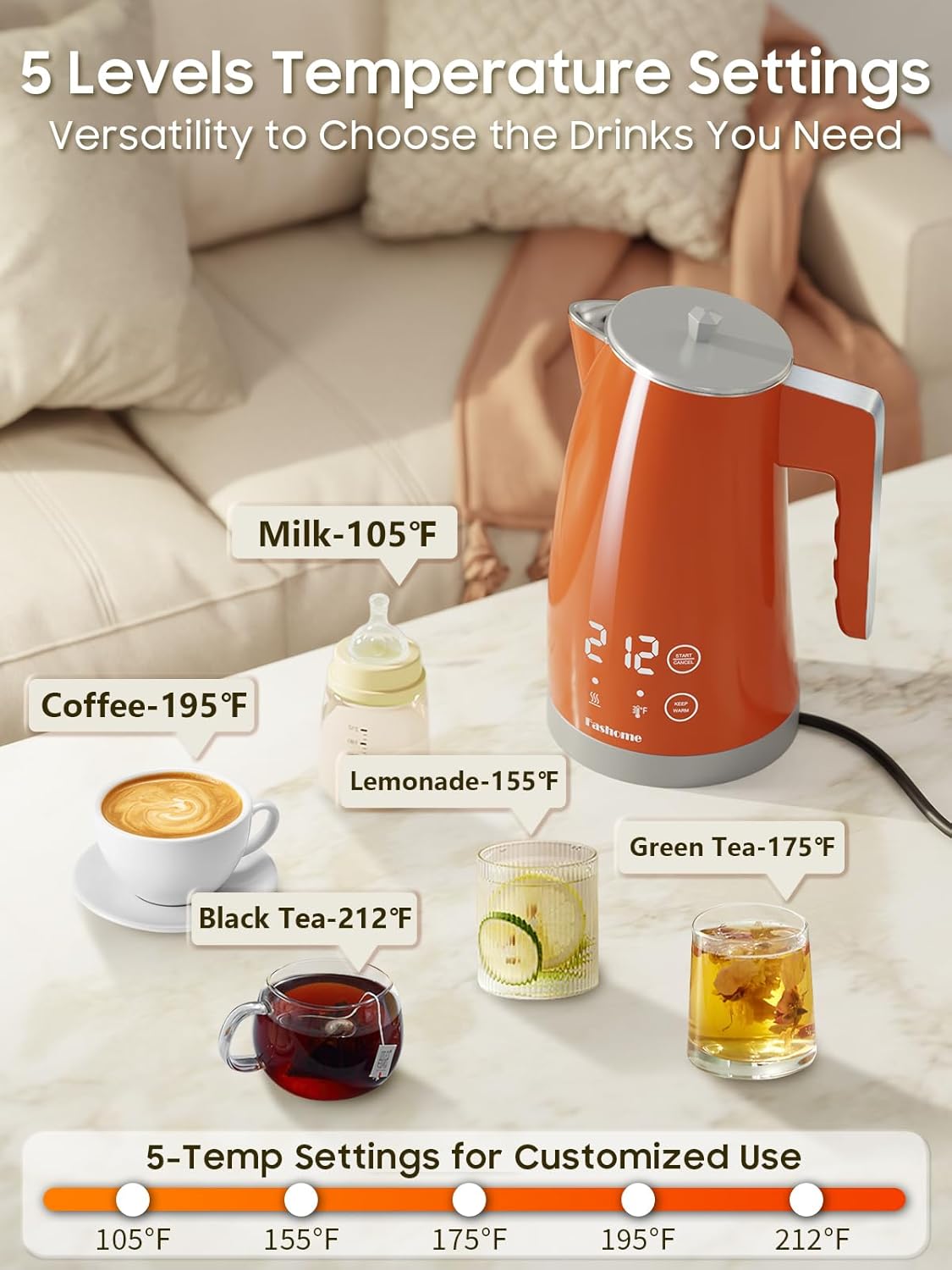 Electric Kettle with 5-Temperature Control,1.25L Cordless,Penguin Shape Design,1200W with Keep Warm and Auto Shut-Off,Perfect for Tea,Coffee & Themed Kitchen(Orange)