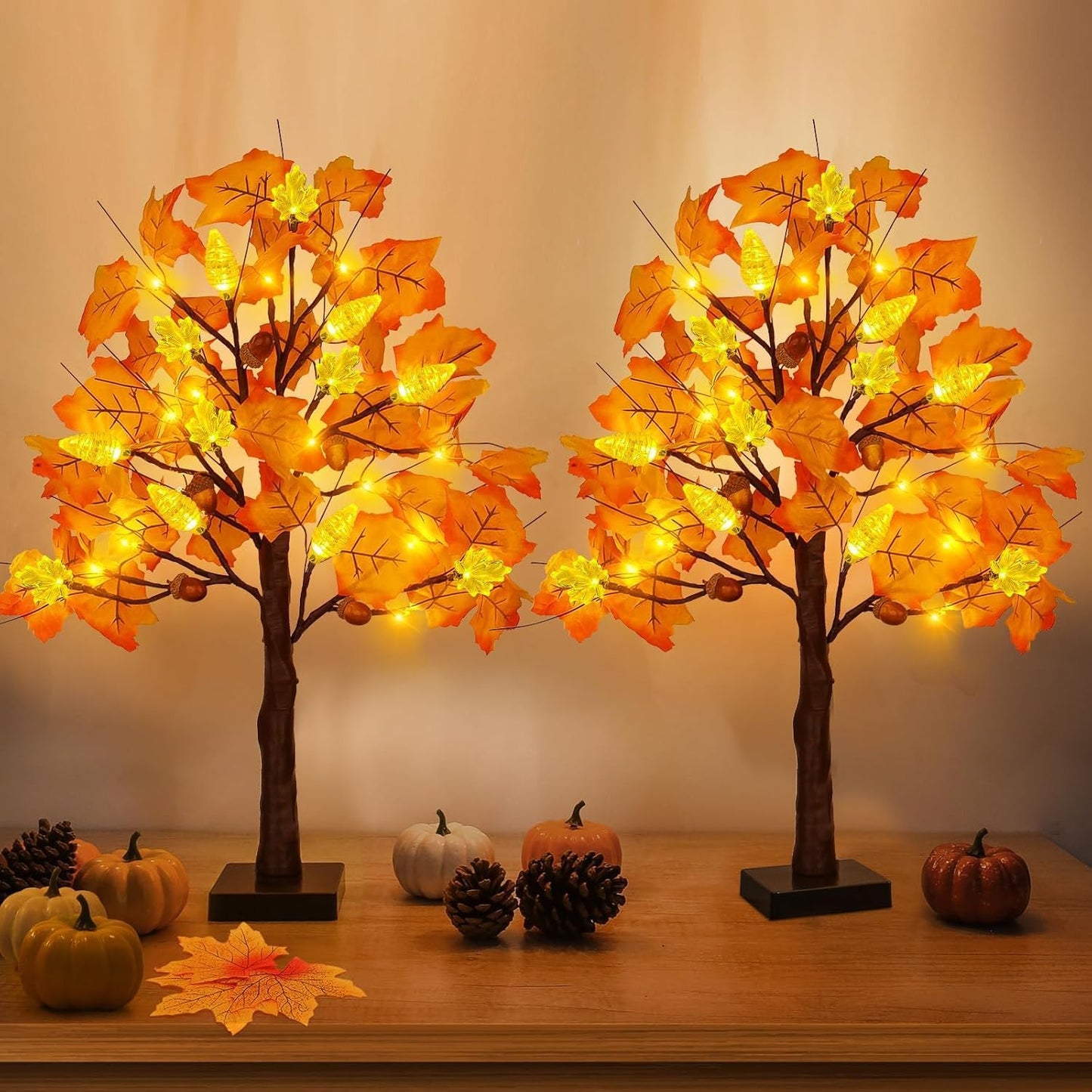 2 Pack 24 Inch Prelit Fall Maple Tree Decorations with 48 LEDs Timer Fall Battery Operated Lighted Artificial Pumpkin Acorn Light Up Maple Tree for Thanksgiving Harvest Table Home Indoor Decor