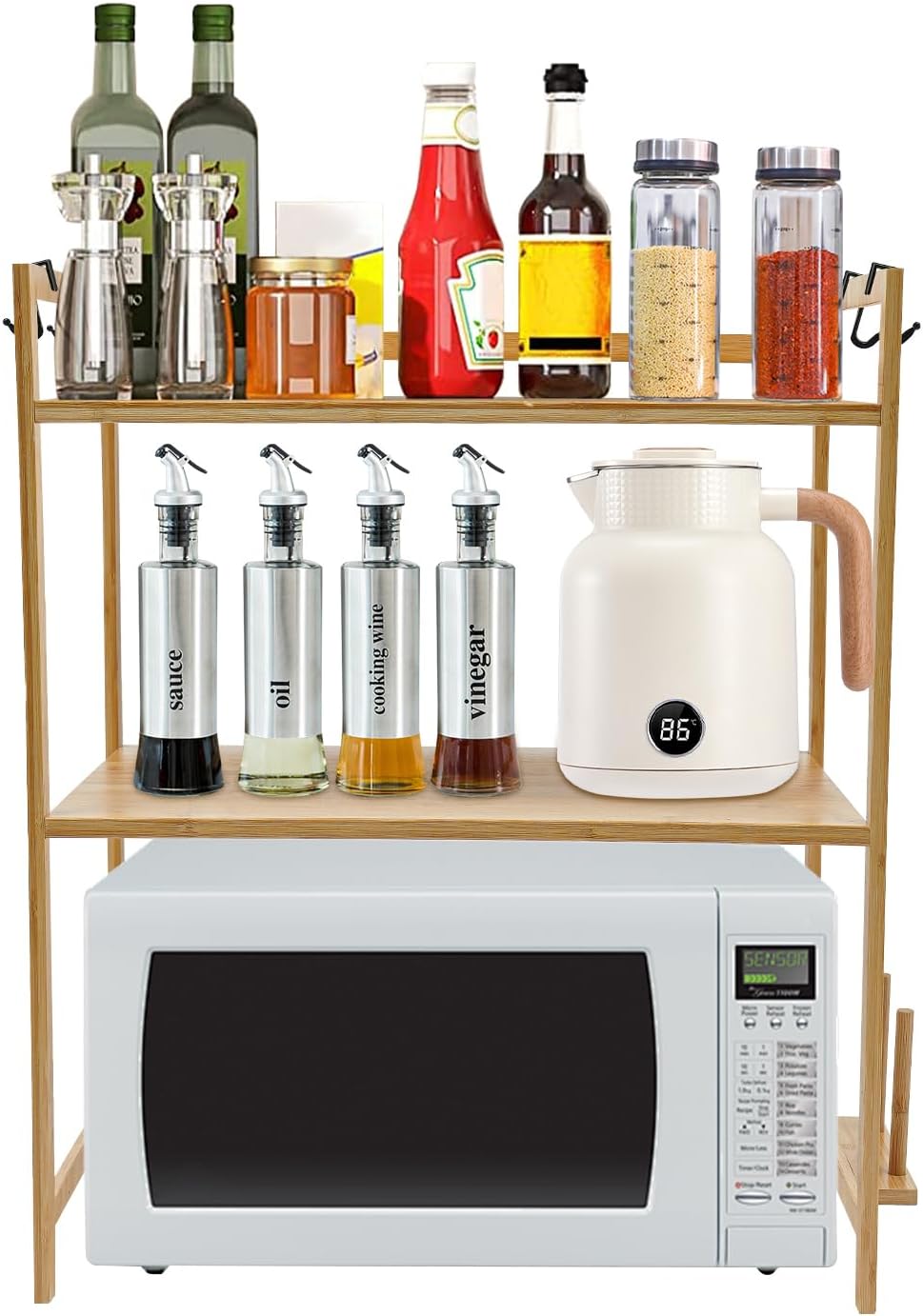 Shelves Organizers for Kitchen,2-Tier Bamboo Kitchen Countertop Organizer Shelves with 4 Hooks,Kitchen Storage Rack Countertop,Spice Rack Organizer,Bathroom Countertop Organizers and Storage, Beige