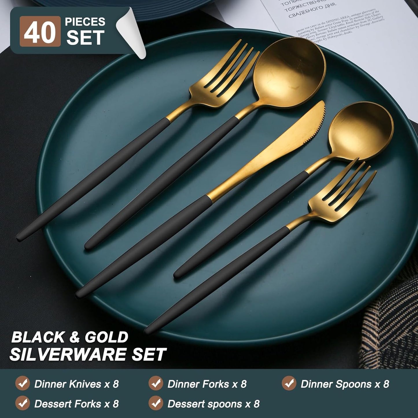 40 Pieces Matte Black&Gold Silverware Set, Stainless Steel Black&Gold Flatware Set for 8, Satin Finish Spoons and Forks Silverware Set, Black&Gold Cutlery Utensils Set, Dishwasher Safe