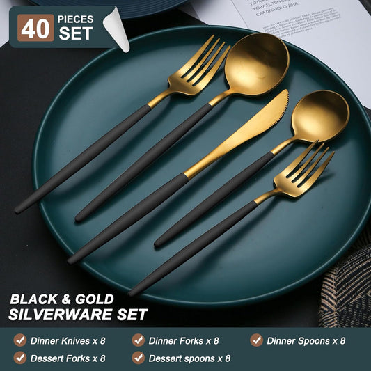 40 Pieces Matte Black&Gold Silverware Set, Stainless Steel Black&Gold Flatware Set for 8, Satin Finish Spoons and Forks Silverware Set, Black&Gold Cutlery Utensils Set, Dishwasher Safe