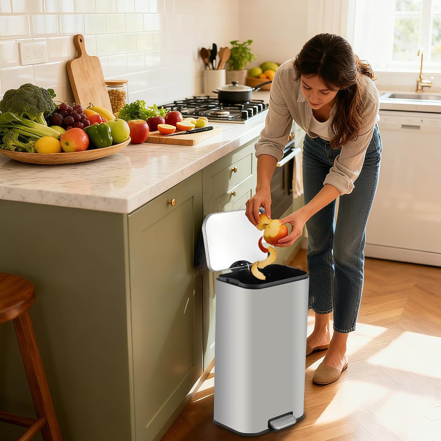 Garvee 3.2 Gallon Trash Can for Kitchen, Stainless Steel Step Trash Can with Soft-Close Lid & Removable Inner Bucket, Rectangular Garbage Can for Office Bathroom Living Room, Silver