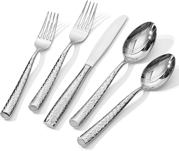 Kingstone Hammered Silverware Set, 10-Piece Flatware Set for 2, 18/10 Stainless Steel Heavy Duty Cutlery Set, Mirror Polished Utensil Sets for Home, Restaurant, wedding, Dishwasher Safe
