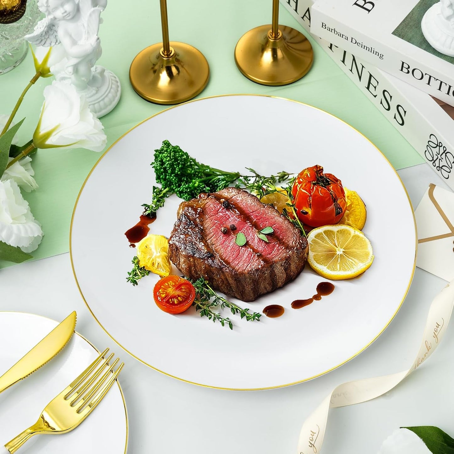 350 Pieces White Gold Plastic Dinnerware Set, Gold Disposable Plates for Party, Graduation, Include 100 White Plates with 150 Plastic Cutlery, 50 Napkins and 50 Cups