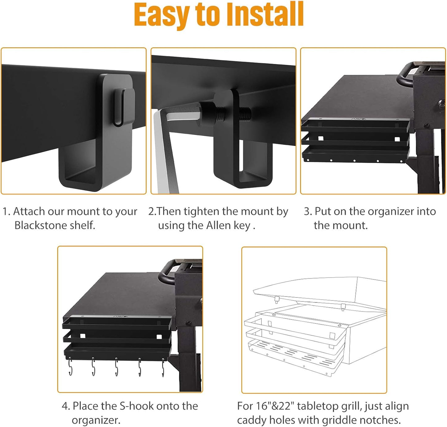 RUSFOL Upgraded Stainless Steel Griddle Caddy for 28"/36" Blackstone Griddles, with a Allen Key, Space Saving BBQ Accessories Storage Box, Free from Drill Hole&Easy to Install