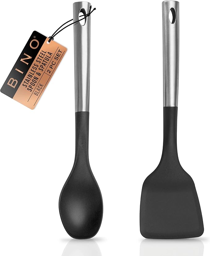 BINO 2-Piece Spoon & Turner Set with Stainless Steel Handles - Black | Heat Resistant BPA-Free Nonstick Cookware | Cooking Mixing & Serving Spoon | Cooking Utensils for Nonstick Cookware