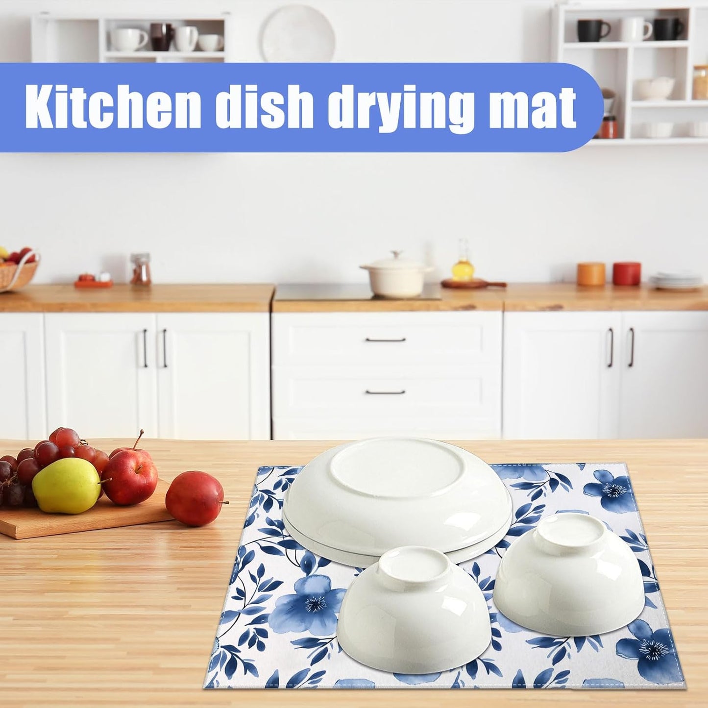 Blue Floral Dish Drying Mat for Kitchen Counter Flower Leaves Drying Pad Absorbent Reversible Dish Drainer Rack Mats Draining Pad 18"x24"Inch