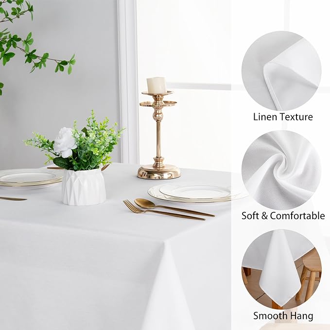 JIUZHEN Round Table Cloth Faux Linen Farmhouse Tablecloth Wrinkle and Stain Resistant Decorative Fabric Table Cover for Kitchen, Dining Room, Parties and Camping, White, 108 Inch Round