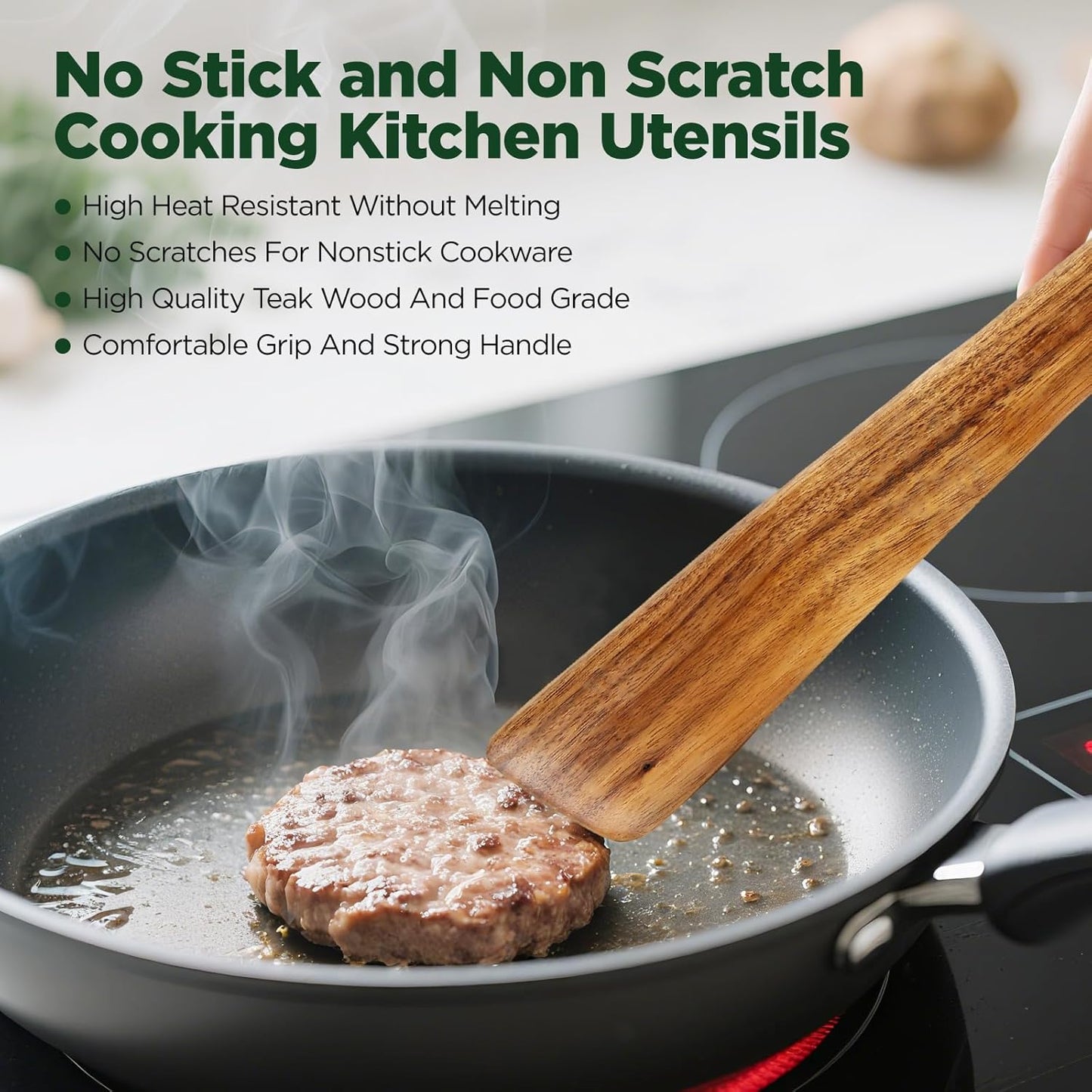 ANBUY 12 Inch Teak Wood Spatula for Cooking, Wooden Kitchen Utensil, Scraper Turner for Cast Iron, Egg Fish Flipper Flat Spatulas for Flipping, Serving, Scraping & Turning(2 pcs Scraper)