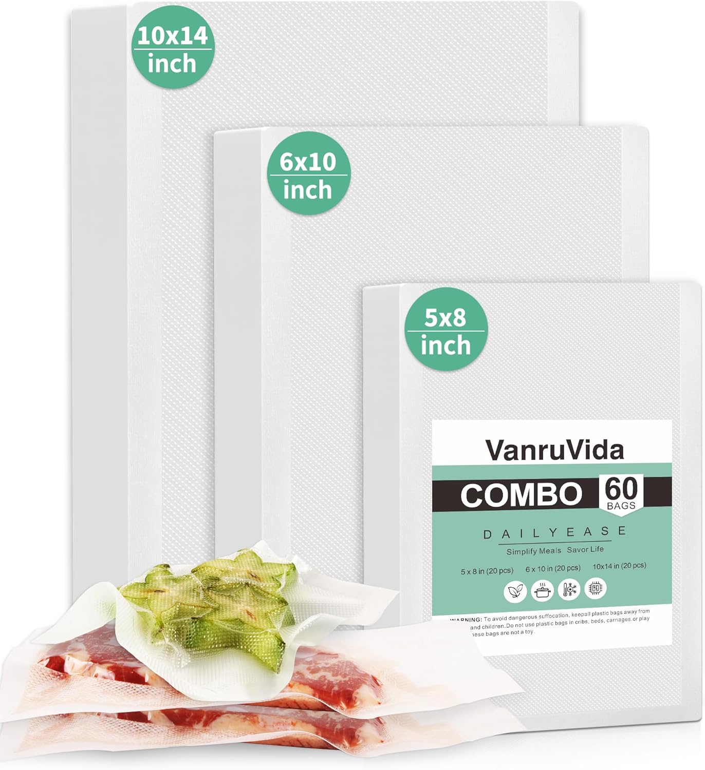 VanruVida Vacuum Sealer Bags,5” x 8” and 6” x 10” and 10” x 14” PreCut,60 Count,Commercial Grade Textured with Double Tear Notches,BPA Free,Food Storage Bags for Freezer, Meal Prep, or Sous Vide