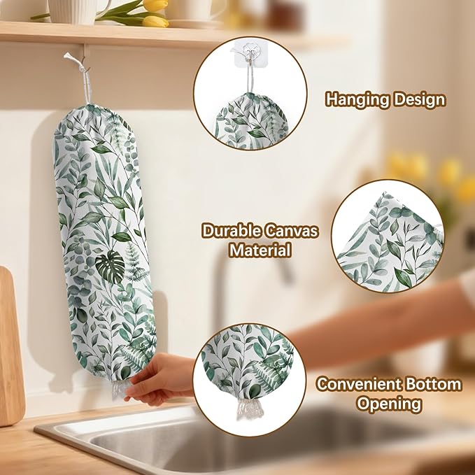 Plant Plastic Bag Holder, Wall Mount Organizer for Reusable Canvas Grocery Bags, Plants Hanging Plastic Bag Dispenser, Green Leaves Shopping Bags Storage Dispenser Decorative Home Kitchen Pantry Decor