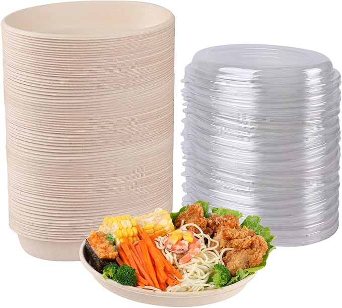 18 oz Oval Disposable bowls with lids,Sugarcane Salad Bowls take away food containers Plant Fibers 50 Pack