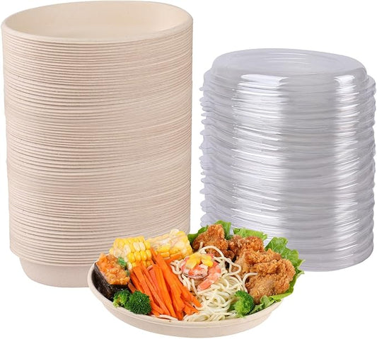 18 oz Oval Disposable bowls with lids,Sugarcane Salad Bowls take away food containers Plant Fibers 50 Pack