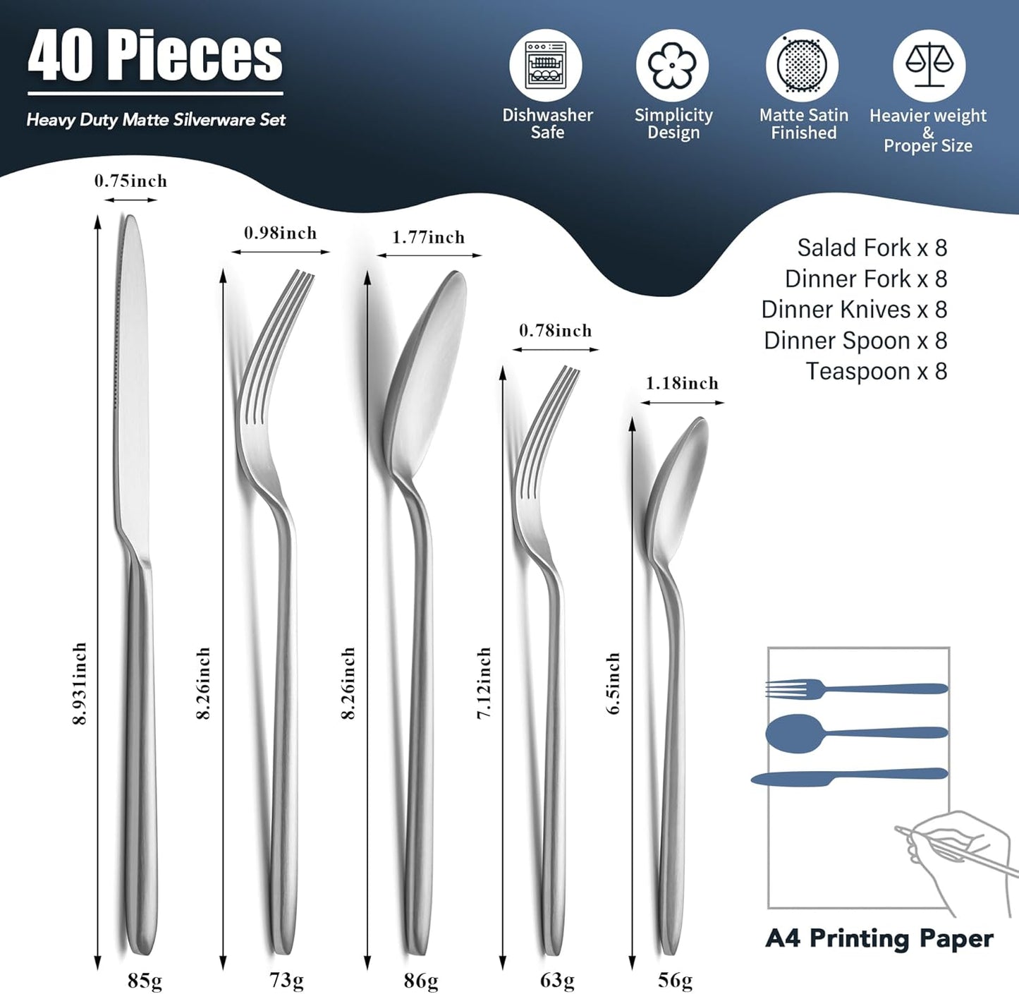 Heavy Duty Silverware Set, EIUBUIE 40-Piece Premium Stainless Steel Flatware Sets For 8, Matte Brushed Finish Cutlery Tableware Modern Kitchen Utensils Set for Home Restaurant, Dishwasher Safe