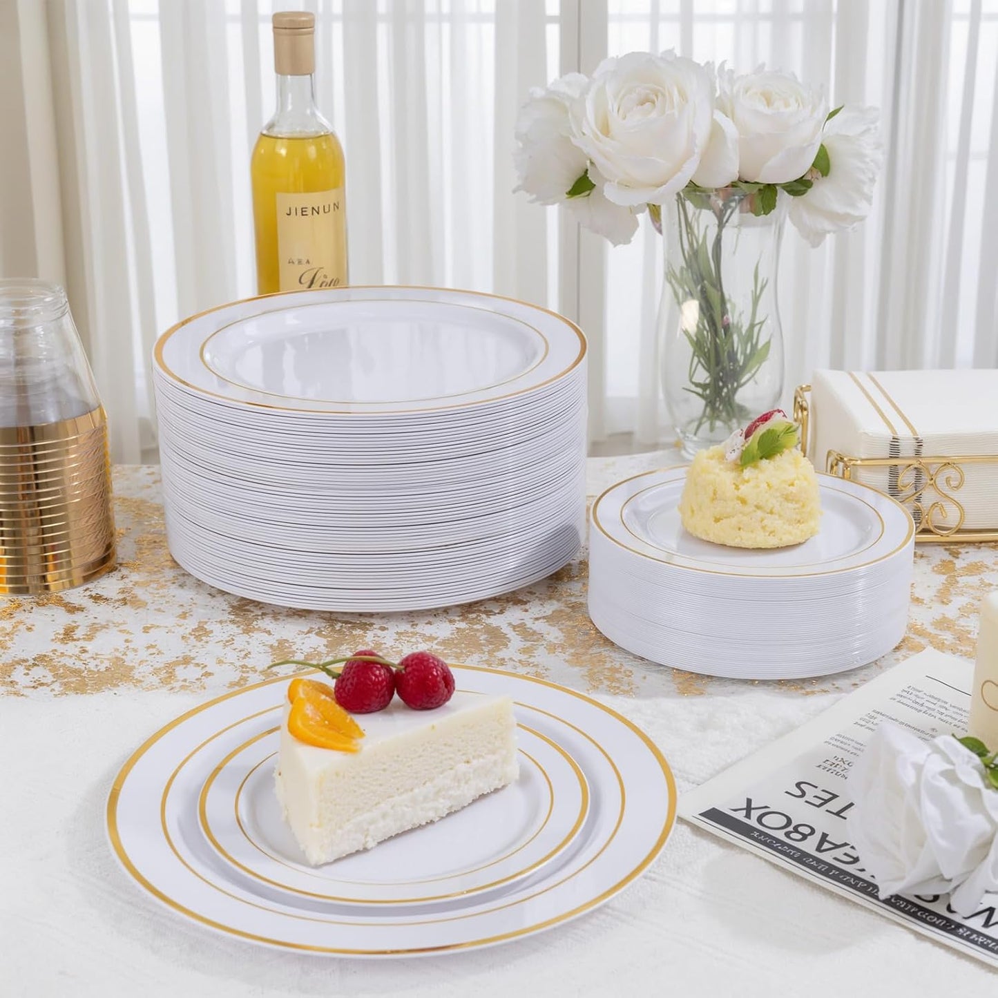 GATHER 700PCS Gold Plastic Plates - Whtie and Gold Disposable Dinnerware Sets 100Guest - 200 Disposable Plate, 300 Plastic Silverware, 100 Cups, 100 Napkins for Wedding & Party & Thanksgiving
