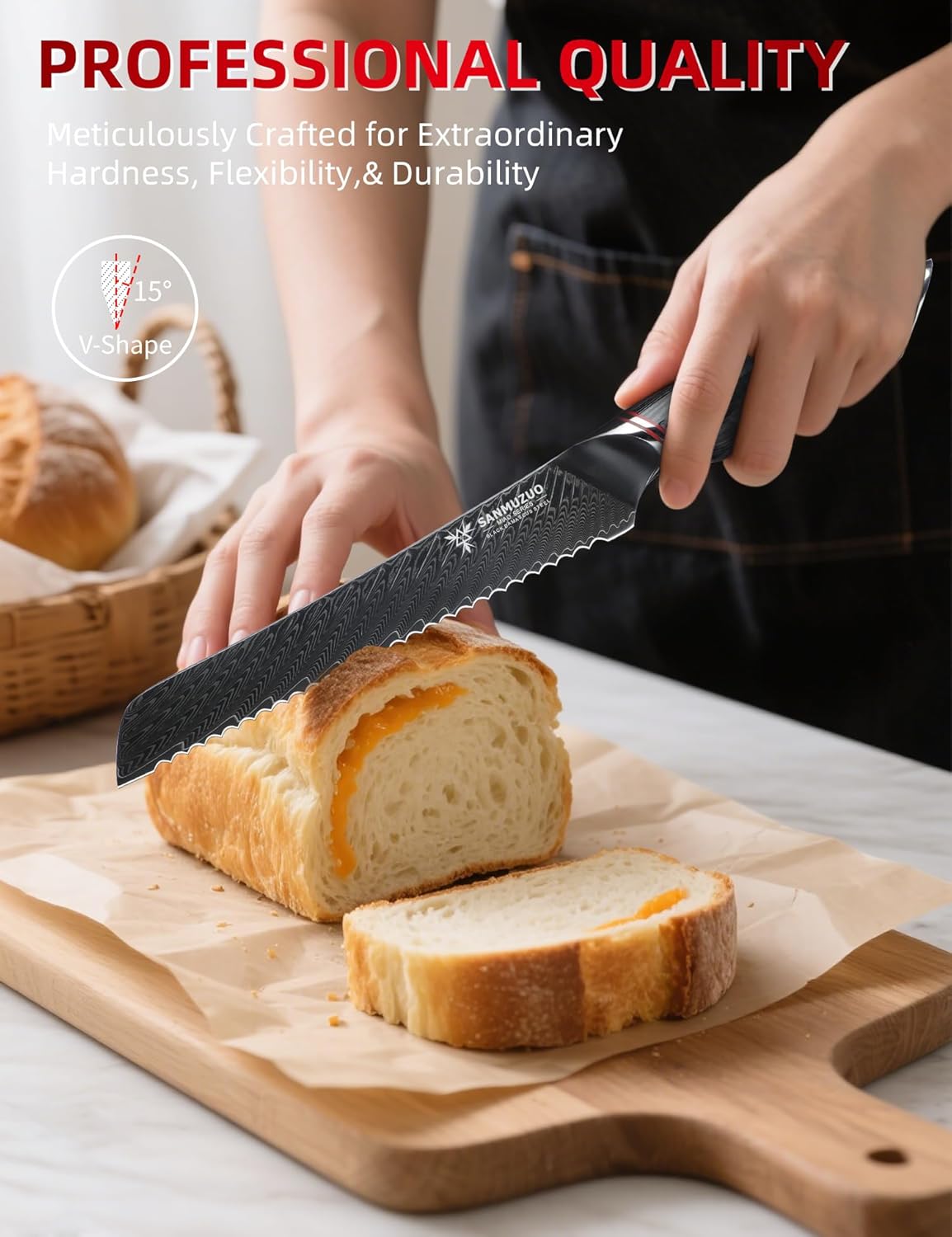 8 Inch Bread Knife Serrated Blade - Black Damascus Steel with Ergonomic Handle - MIAO Series