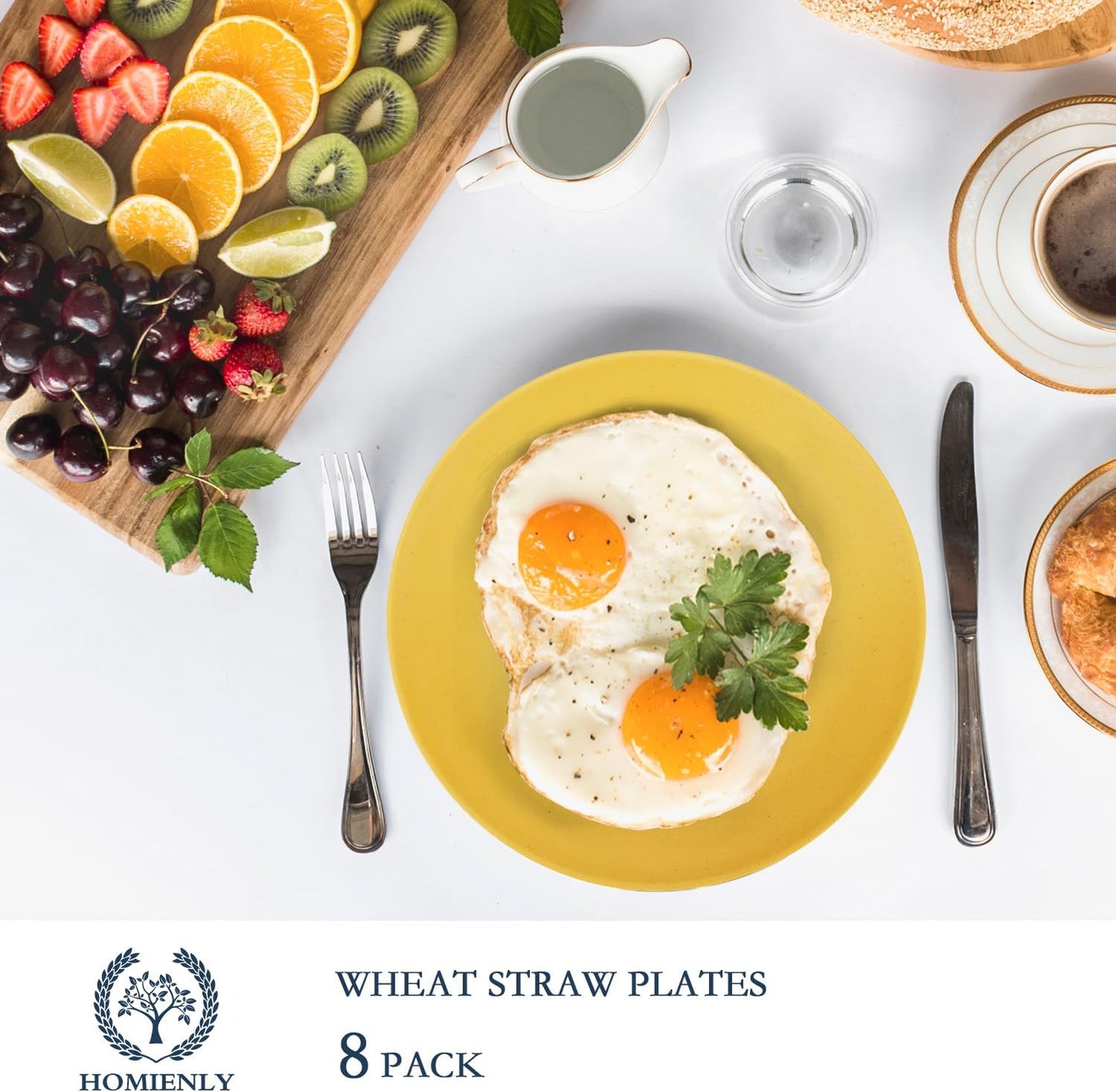 Homienly Flat Dinner Plates Set - 8 Microwave & Dishwasher Safe Wheat Straw Plates, Unbreakable, 9 inch Yellow