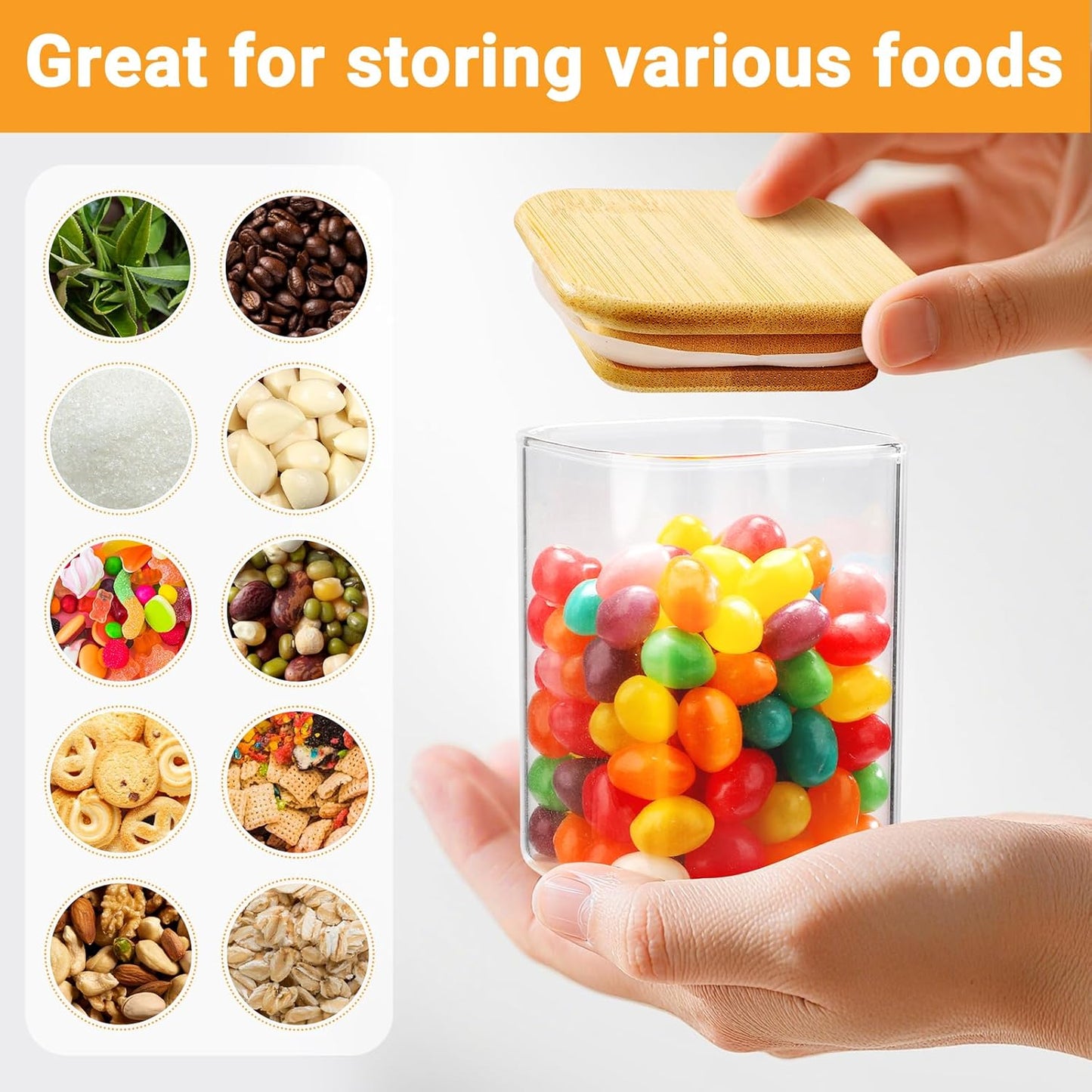 Square Glass Jars with Lid, 4 Pack 6 Fl.oz Glass Spice Jars with Bamboo Lids, Wide Mouth Food Storage Canister Pantry Containers for Sugar Coffee Tea Candy - Included Labels, Spoon and Marker