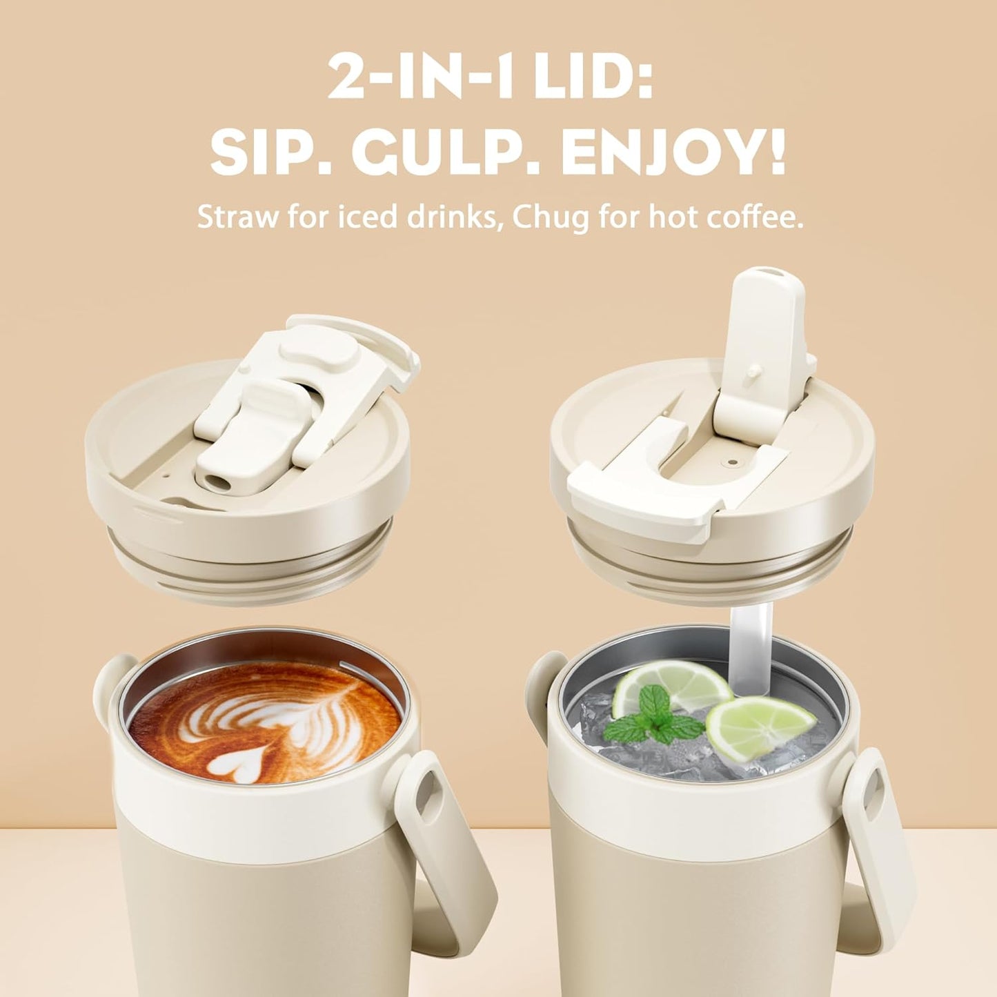 24 oz Insulated Coffee Mug for Commuters: 2-in-1 Straw Flip Lid, Keep Cold 24H, Fit in Car Cupholder, Leakproof, Stainless Steel Coffee Tumbler with Handle for Office, Travel, Gifts and Sports (Oat)