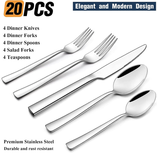 Wildone 20-Piece Silverware Set, Stainless Steel Flatware Square Cutlery Set Service for 4, Eating Utensils Include Knife Fork Spoon, Mirror Polished & Dishwasher Safe
