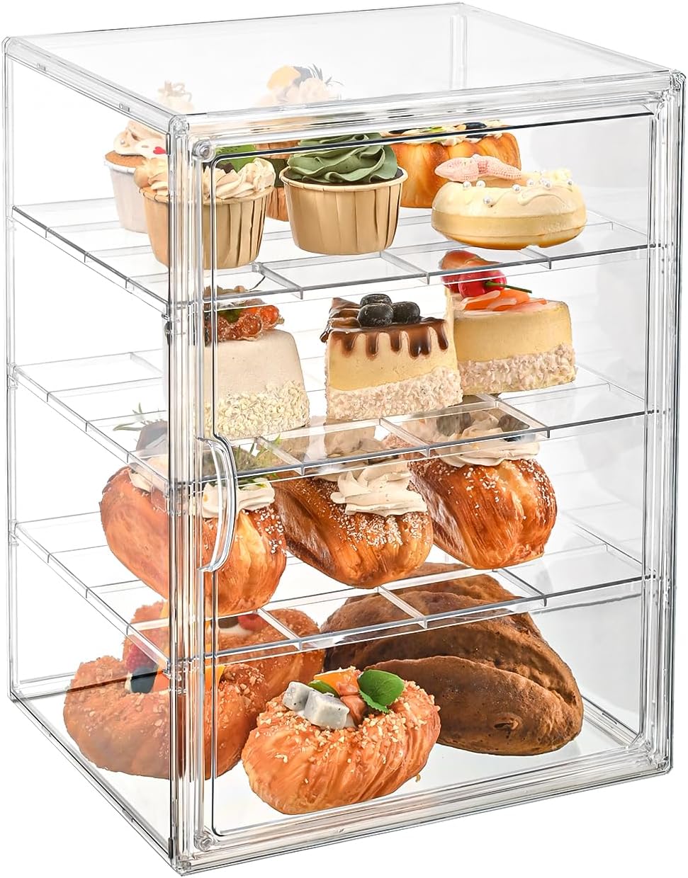 Pastry Display Case，4-Tier Adjustable Clear Bread Storage with Magnetic Door，Bread Box for Kitchen Countertop，15.7x11.8x9.8xinch (4 Tier-1 Pack)