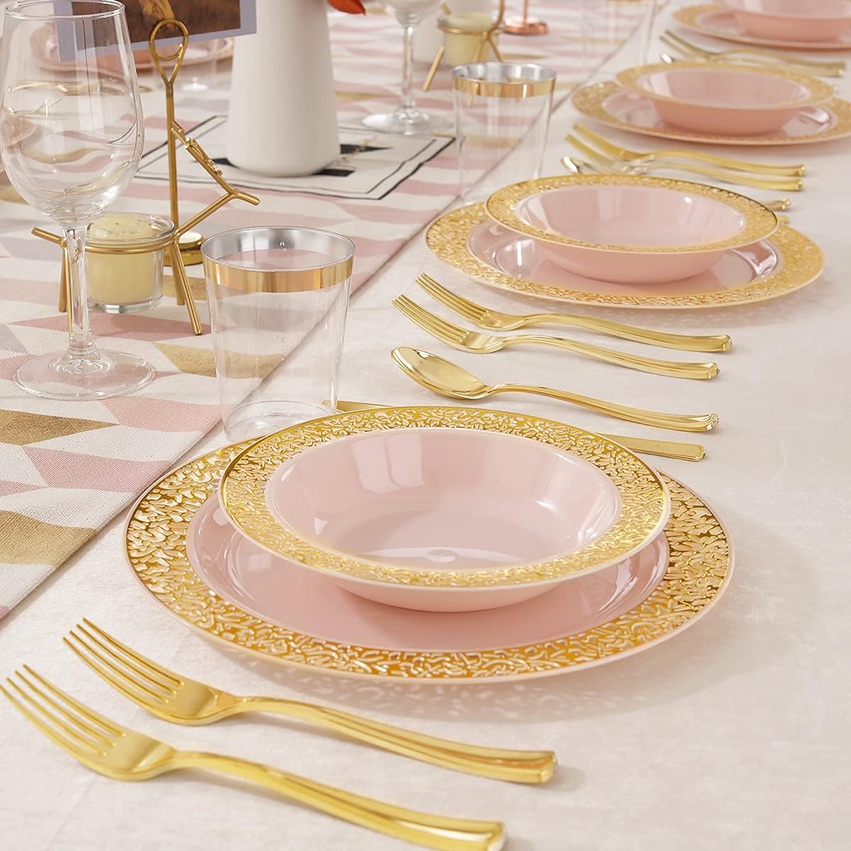 I00000 60pcs Pink Gold Plastic Bowls, 12 oz Dessert Bowls, Gold Lace Trim China Look, Premium Heavy Duty Soup Bowls for Party, Disposable salad Bowls for Wedding