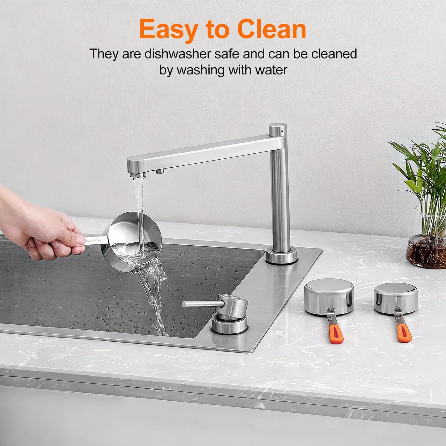 Measuring Cups and Spoons Set, Stainless Steel 10 Piece for Cooking and Baking (5 Cups + 5 Spoons, Orange Handle)