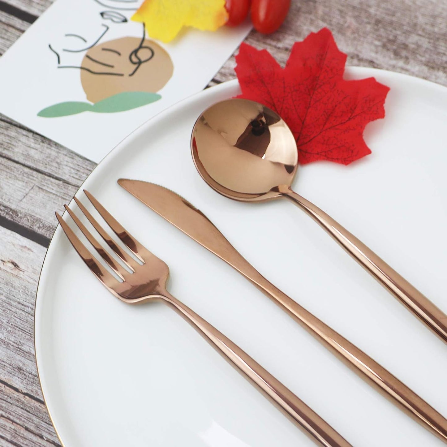 JASHII 24 Pieces Cutlery Flatware Set 304 Stainless Steel Home Kitchen Set, Mirror Polished, Knife/Fork/Spoon, Modern Elegant Tableware Set for Party, Christmas, Dinner (Rose gold)