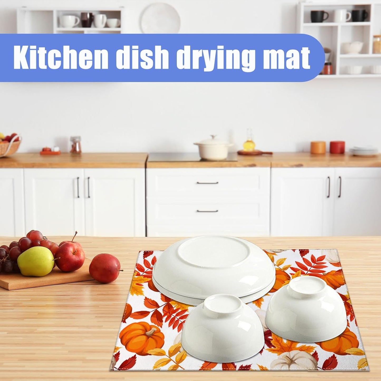 Fall Pumpkin Maple Dish Drying Mat for Kitchen Counter Thanksgiving Drying Pad Absorbent Reversible Dish Drainer Rack Mats Draining Pad 18"x24"Inch