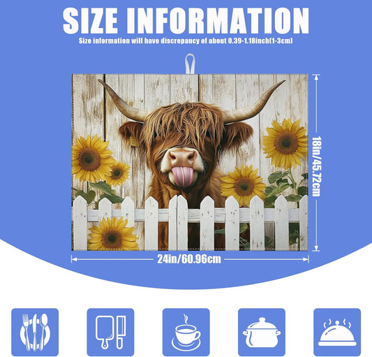Sunflower Highland Cow Dish Drying Mat for Kitchen Counter Drying Pad Absorbent Reversible Dish Drainer Rack Mats Draining Pad 18"x24"Inch