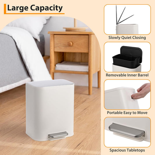 Bathroom Trash Can with Lid, 3.2 Gallon Stainless Steel Garbage Can with Step-On Pedal and Inner Bucket, Rectangular Trash Can for Kitchen Office Living Room Small Spaces (12 L, White)