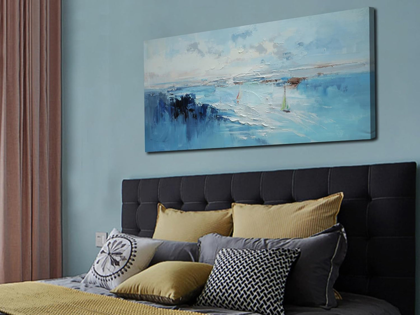 Ardemy Abstract Wall Art for Living Room Large Teal Coastal Sailboat Textured Bedroom Pictures Wall Decor Artwork for Walls Home Office Kitchen Dining Room, 48"x24"